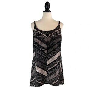 CAbi Monaco Tank Top Black Cream Lace Print Hi Low Hem #3278, Size M